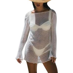 Sexy Beach Relaxed Backless Sheer Bikini Swimwear Cover Up 1 Piece (XX-Small, White)
