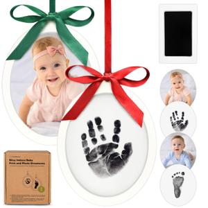 Inkless Baby Hand and Footprint Kit - Two-Sides Babys First Christmas Ornament Footprint Kit,Personalized Baby Gifts Photo Frame,Cute Newborn Keepsake for Nursery Decor,New Mom Gifts(Oval/Alpine White)