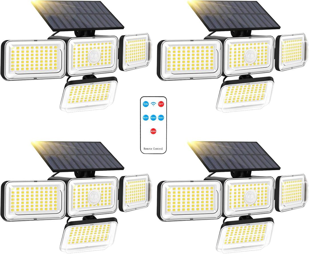 Mokot Solar Lights Outdoor, 288 LED 2800LM Motion Sensor Outdoor Light with Remote Control, 4 Heads IP65 Waterproof Solar Flood Security Lights for Outside Patio Wall - 4Pack