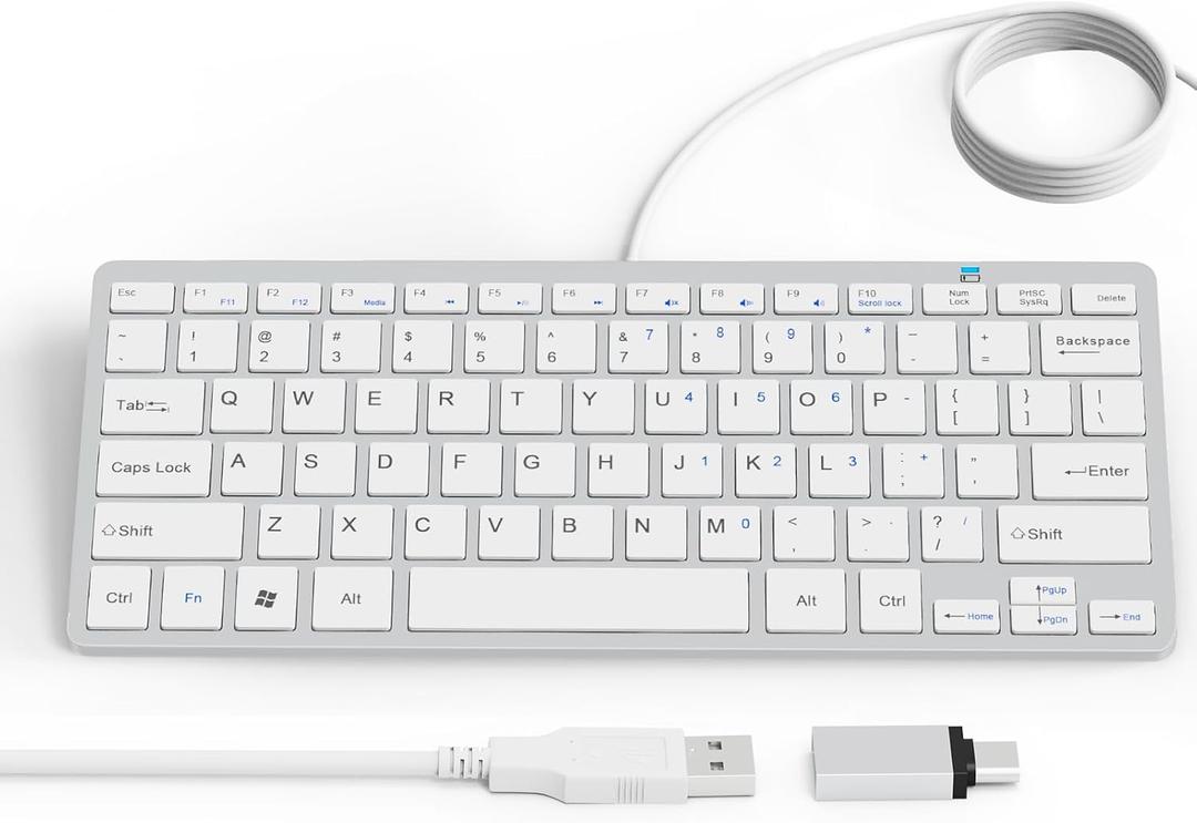 Ultra-Slim 78keys USB Mini Wired Keyboard with Media Hotkeys for Apple Mac Pro, MacBook 56Pro/ iMac, Air, Mac mini, Laptop Computers, Windows Desktop PC 11/10/8/7, with USB-A to C OTG Adapter, White