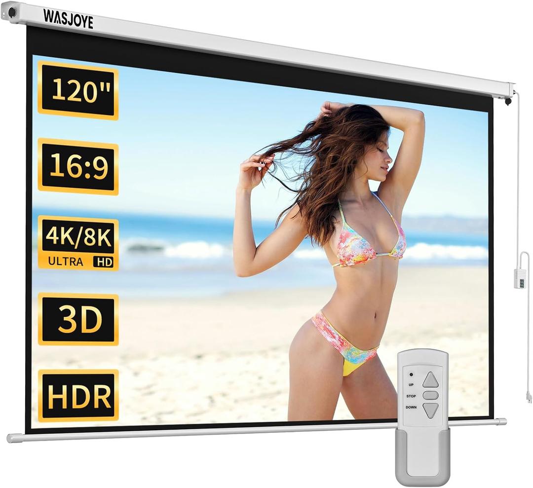 WASJOYE Motorised Projector Screen 120" - 16:9 Electric Projector Screen Wall/Ceiling Mount with Remote Control - 8K HD Projection Screen Dual Side Power Supply for Home Theater Office TV Game WASJOYE Motorised Projector Screen 120" - 16:9 Electric Projector Screen Wall/Ceiling Mount with Remote Control - 8K HD Projection Screen Dual Side Power Supply for Home Theater Office TV Game