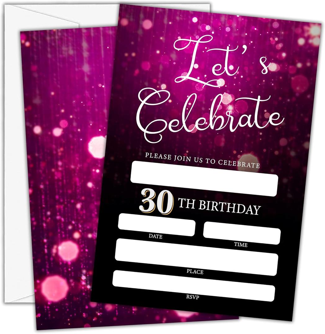 2 x Birthday Invitations - Pink Purple Glitter Bday Invites with Envelopes(25-Count) - Let's Celebrate 30th Fill-in Invite Cards for Party Supplies Favors Decorations - F11
