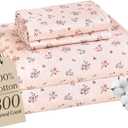 MCO 100% Cotton Sheet Set Floral Printed, 300 Thread Count Cotton Queen Sheet Set, 16" Deep Pocket, Breathable Cooling Sheets 4 Pieces (Queen, Pink Floral)