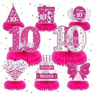 8Pcs Hot Pink 10th Birthday Party Decorations Girls Happy 10th Birthday Table Honeycomb Centerpieces for Table Decor Pink 10th Birthday Table Decorations Topper for Gilrs 10th Party Supplies (10th Honeycomb Centerpieces)