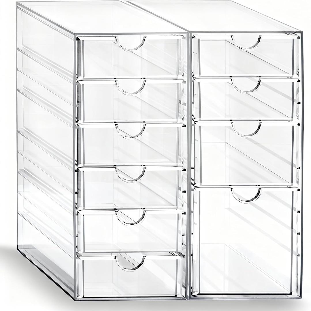 Prsildan Acrylic Drawer Makeup Organizer with 10 Drawers, Set of 2 Office Desk Organizers Accessories, Clear Stackable Storage Drawers for Vanity, Countertop, Craft, Jewelry, Art Supply Organization