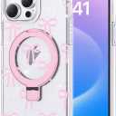Compatible with iPhone 15 Pro Case Bow Pattern with Magnetic Ring Stand [Compatible with Mag-Safe] TPU Protective Phone Case for Women Girl, Clear Pink
