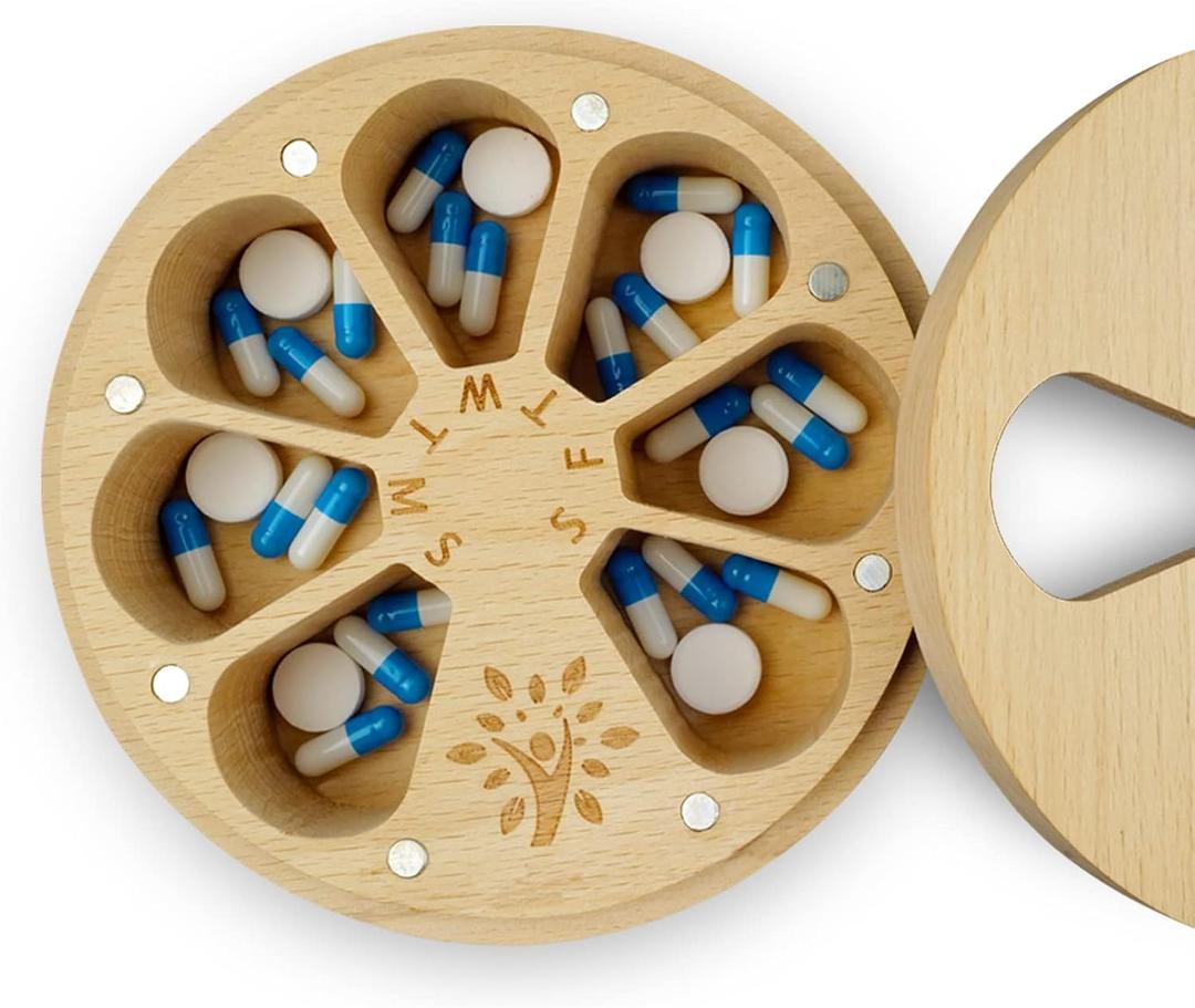 Wood Weekly Pill Organizer for Medicine Vitamin, Arthritis Friendly 7-Day Pill Box Medium Compartments Holder, Daily Portable Travel Pill Case with Velvet Bag