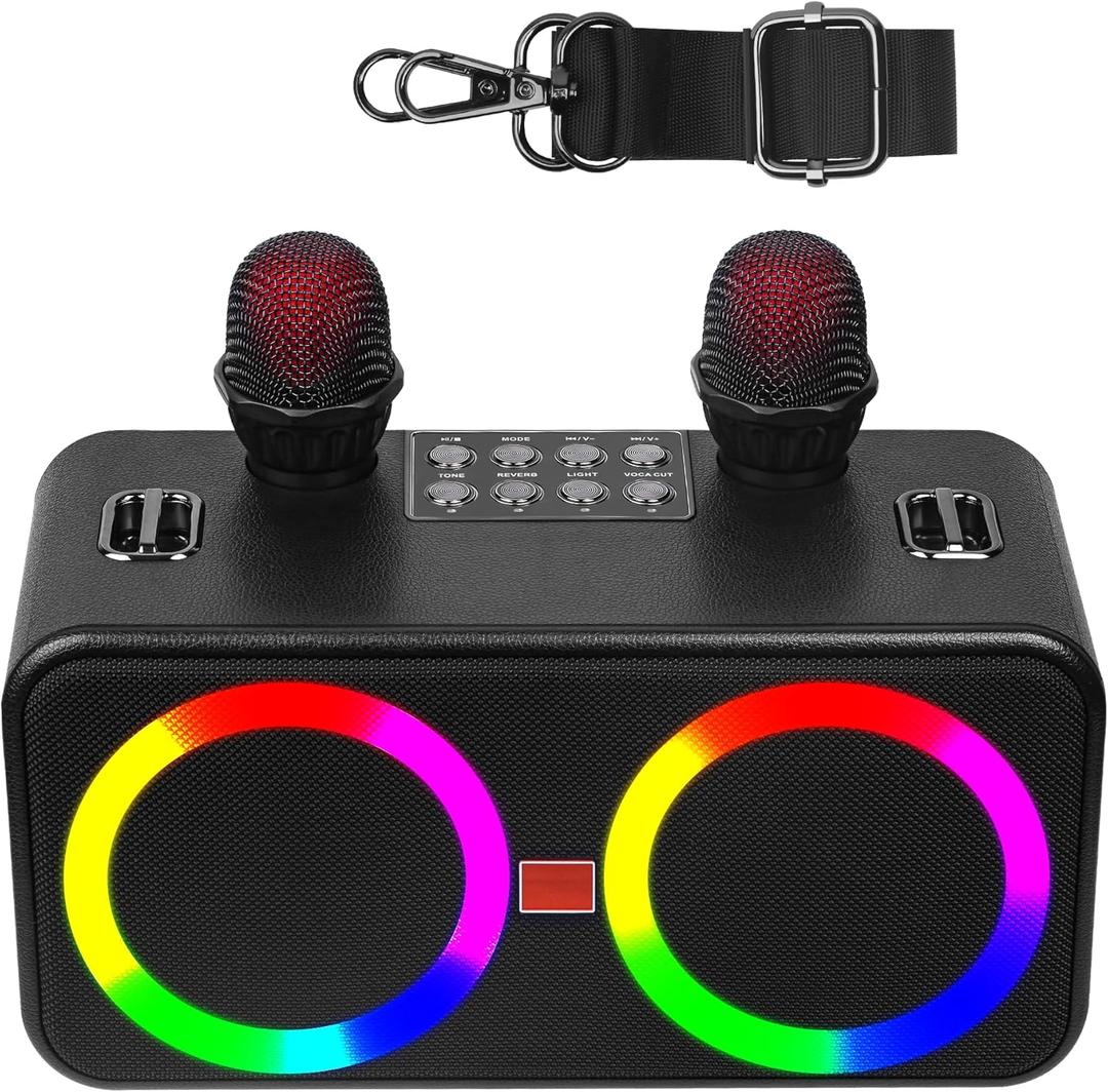 Karaoke Machine for Adults & Kids, Portable Bluetooth Speaker with 2 Wireless Microphones, PA System with Lights for Party Indoor/Outdoor, Supports USB/TF/TypeC