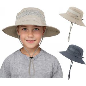 Kids Sun hat for Girls Boys Outdoor Breathable Sun Protection UPF 50+ Cap Wide Brim Summer Beach Bucket hat (5-13 Years, 2 Pack Dark Grey & Light Beige)