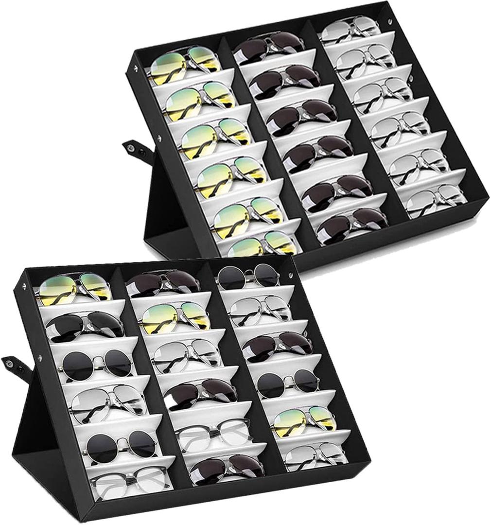 18 Slot Sunglasses Organizer Storage Multiple Eyeglasses Holder Display Case/Tray, Polyester Silk Lined & Snap Closure