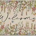 Spring Summer Floral Welcome Front Door Mat, Vintage Flower | Wildflower Decorative Doormat Non-Slip Floor Entryway Rug, Botanical Farmhouse Indoor Outdoor Home Kitchen Decoration