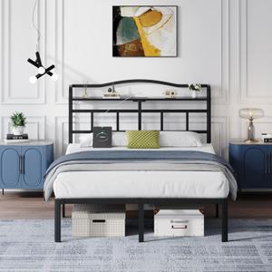 14 Inch Metal Bed Frame - Queen Size Black Heavy Duty Bedframe Platform Basic Mattress Foundation with Headboard & Charging Station No Box Spring Needed/Easy Assembly/No Noise