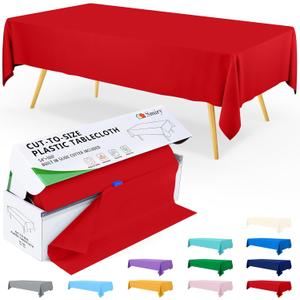 Smiry 54 Inch x 300 Feet Disposable Table Cover Roll, Red Plastic Table Cloth in Cut-to-Size Box with Slide Cutter, Waterproof Rectangle Tablecloths for Weddings, Banquets, Outdoor