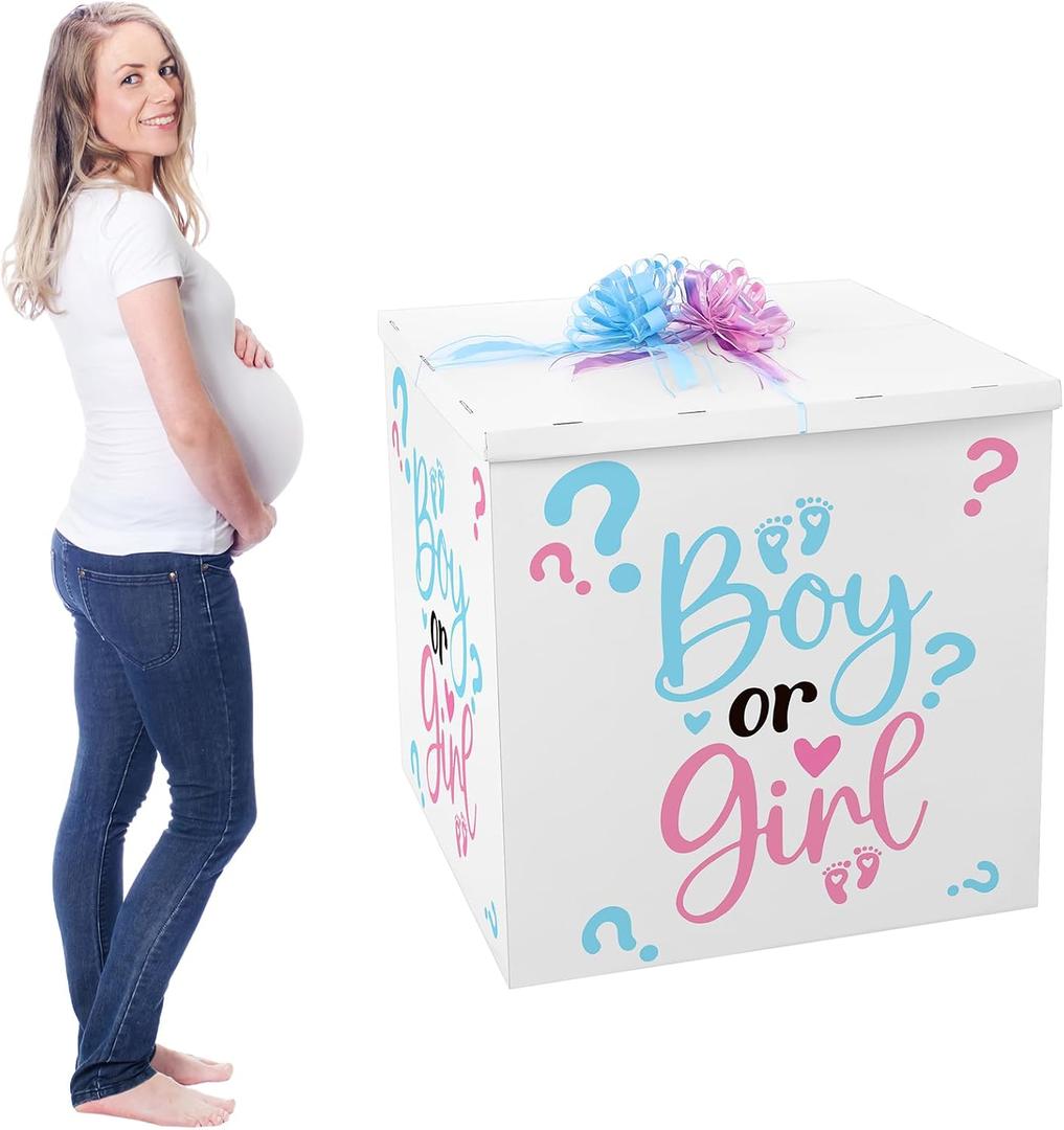 AmazingSpark 28in Jumbo Gender Reveal Gift Box Kit with Oversized Box Giant Pull Bows Boy or Girl Stickers for Gender Reveal Baby Shower Birthday Party Decor, 1 count
