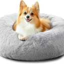 JOLLYVOGUE Calming Dog & Cat Bed for Small Dogs, Anti-Anxiety Donut Cuddler Cozy Soft Round Bed with Anti-Slip Bottom, Fluffy Faux Fur Plush Cushion Beds for Small Dogs, (23", Smoke Gray) (01 - Smoke Grey)