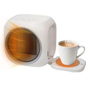 Space Heater with Mug Warmer, Electric Space Heaters for Indoor Use with Thermostatc, Candle Warmer Pate for Bedroom, Office, Large Room Use (White)