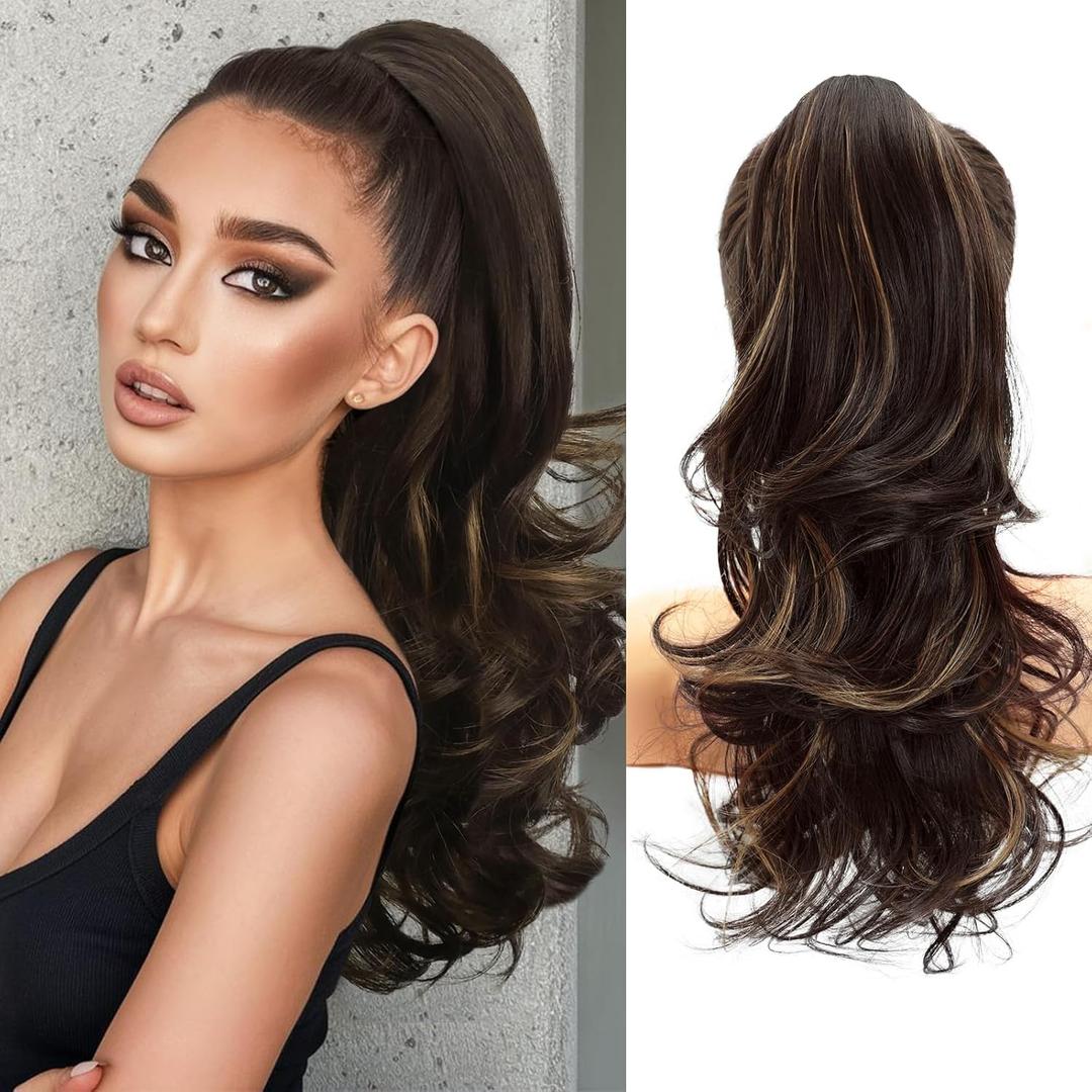 NAYOO Claw Clip Ponytail Extension Brown 18" Long Wavy Ponytail Clip in Hair Extensions for Women Curly Natural Layered Pony Tails for Short Thin Hair Synthetic Hairpiece (Dark Brown Mixed Chestnut)