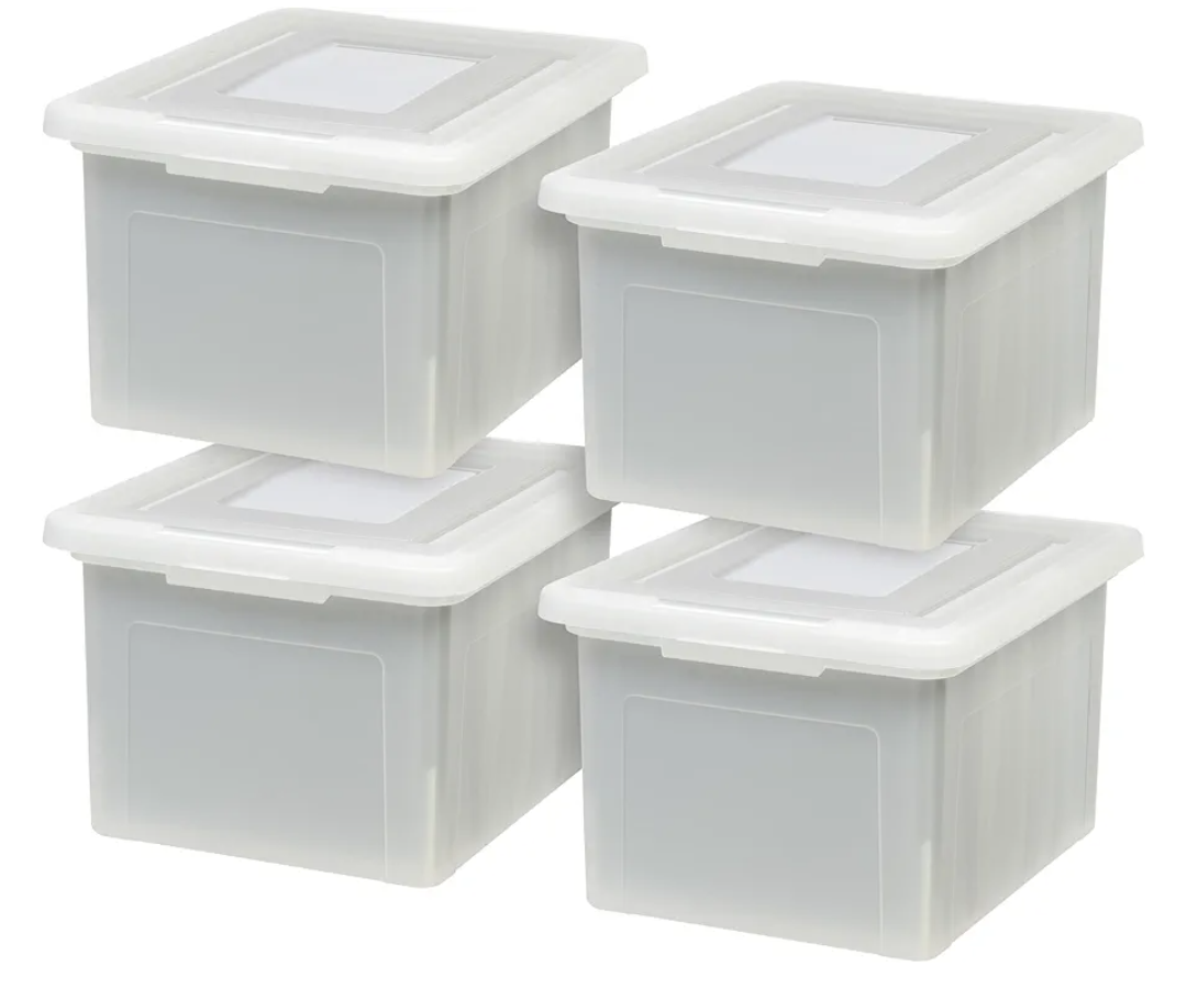IRIS USA File Box, Plastic File Organizer with Lids for Letter/Legal File, Portable Document Box For Moving, Storage Bin with Durable and Secure Lid, Stackable Nestable BPA-Free, Pearl 35 Qt. 4 Pack