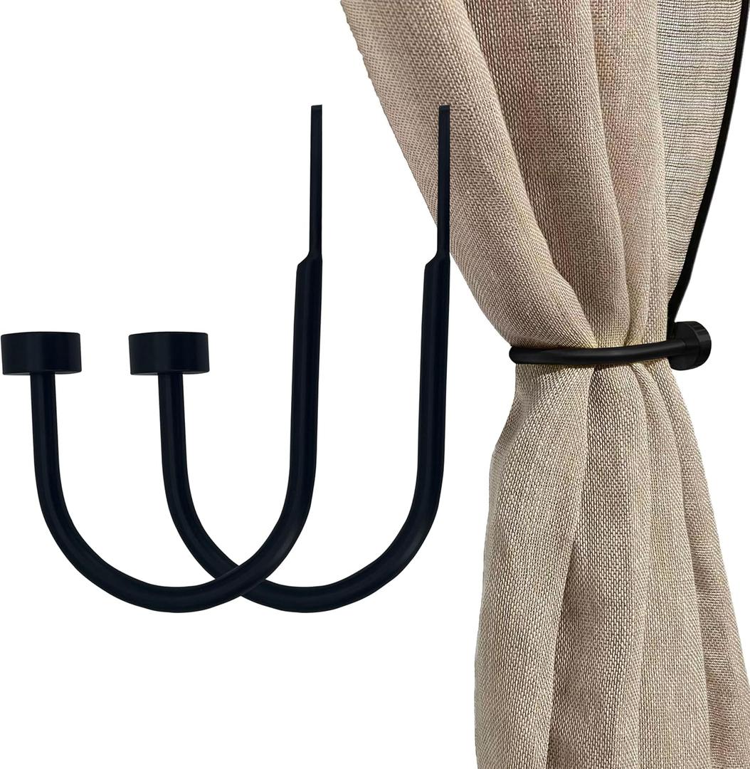 Quality Curtain Holdbacks, Solid Steel Curtain Holdback with Disk Finial, Set of 2 Window Curtain Tieback Hooks, Black