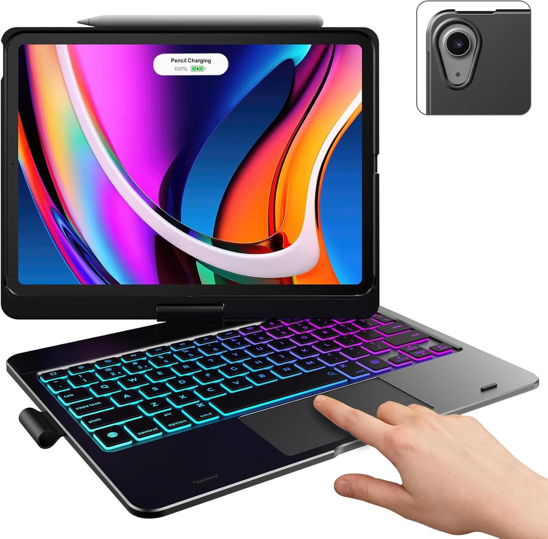 Typecase Touch Keyboard Case with Trackpad for iPad Air 11-inch (M3 2025 / M2 2024) 2024: 360°Rotatable - 11 Colors Backlight - Wireless Keyboard with Pencil Holder for iPad Air 5th & 4th Gen, Black