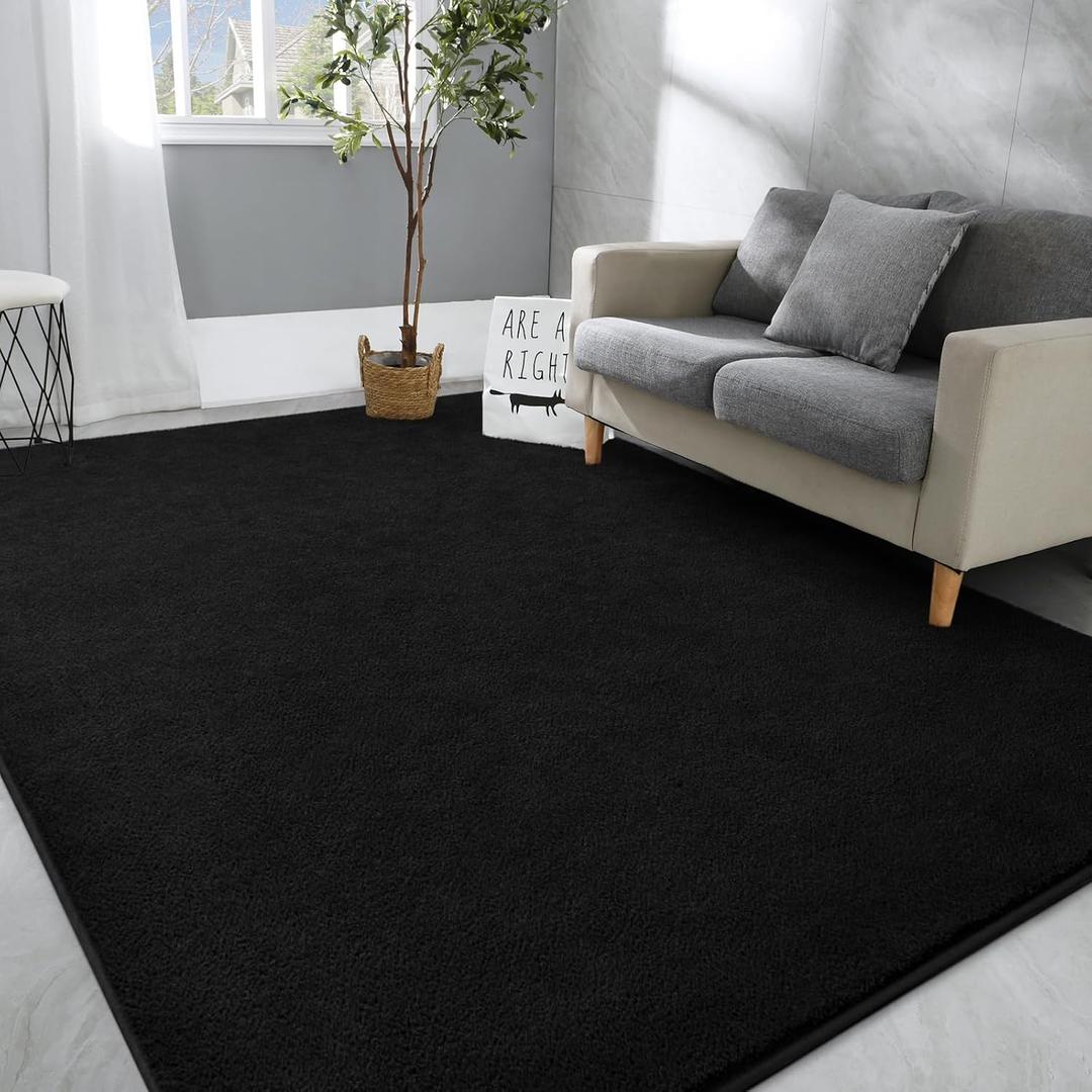 Hutha Large Area Rugs for Bedroom Living Room, 5x8 Black Solid Fluffy Super Soft Memory-Foam Furry Bedside Carpets, Modern Indoor Floor Rug Aesthetic Minimalist Rug for Kids Girls Boys Home Decor