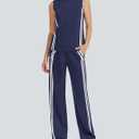 Casly Lamiit Womens 2 Piece Lounge Set Stripes Travel Outfits Sweatsuit Mock Neck Tank Top Wide Leg Pants Casual Activewear (L)