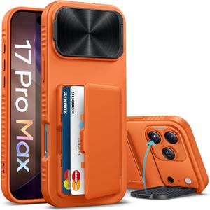 for iPhone 17 Pro Max Case with Credit Card Holder, Built-in Camera Cover & Stand, Silicone Bumper Raised Edge Full Body Protective Phone Cover Case for iPhone 17 Pro Max 6.9" 2025, Orange