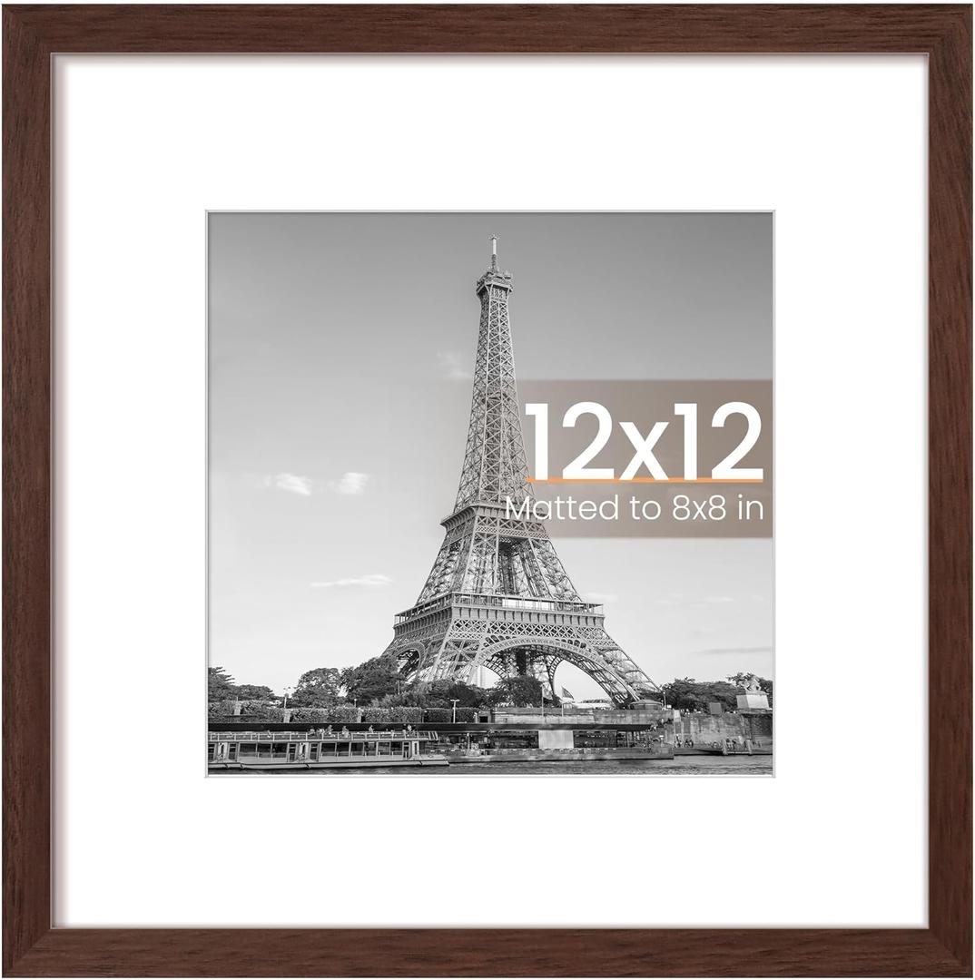 Upsimples 12x12 Picture Frame, Display Pictures 8x8 with Mat or 12 x 12 Without, Wall Hanging Square Frames, Brown, 1 Pack