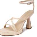 Reitoye Strappy Heels for Women Platform High Chunky Heels Square Open Toe Heeled Sandals Ankle Strap Block Heels, 8