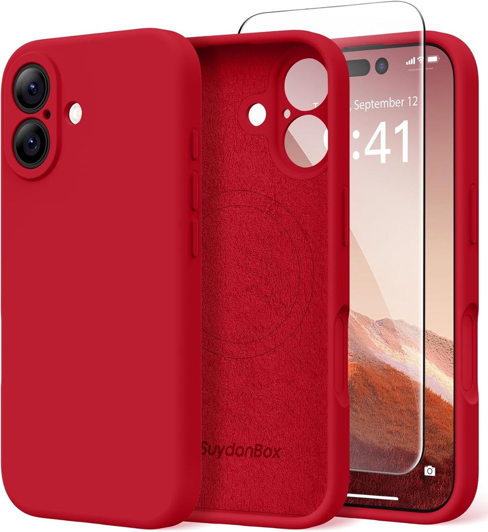 Magnetic for iPhone 16 Case, Compatible with MagSafe, [Screen Protector + Full Camera Protection], Silicone Shockproof Anti-Scratch Protective Phone Case for iPhone 16 6.1", Deep Red