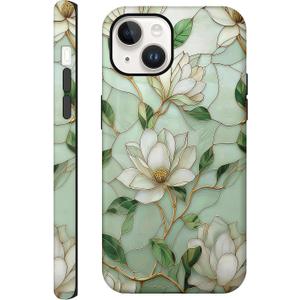 Aesthetic Cases for iPhone 15 Plus/14 Plus, Vintage Magnolia Flowers, Hard Hybrid 2-Layer Protective Cover for Women Girls