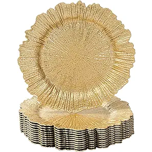 Gold Charger Plates Set of 12, Reef Plate Chargers for Dinner Plate, Round Plastic Table Chargers for Thanksgiving, Christmas