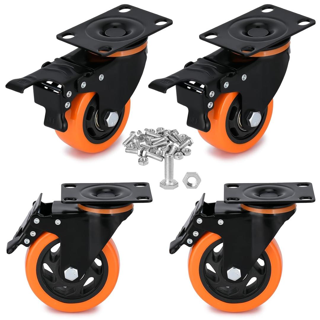 3 Inch Heavy Duty Plate Swivel Caster Set of 4 Wheels with Safety Brakes, PVC Wheels, No Noise Non-Marking, Load 1800 Lbs