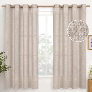 YoungsTex Linen Semi Sheer Curtains 63 Inch Length 2 Panels for Living Room - Light Filtering Drapes with Bronze Grommet Beige Window Treatments for Country Office Bedroom, 52 X 63 Inch (Natural)