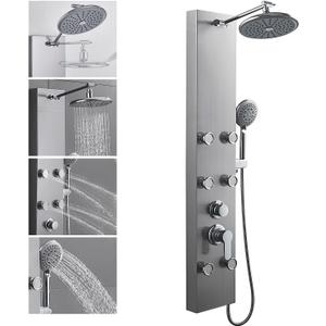 ROVOGO Shower Panel Tower System With Adjustable Shower Head, Brushed | 6 Body Jets, Self-Cleaning Rain Shower and Handheld, Brass Shower Arm and Valves, Stainless Steel Shower Column, 47-1/4 Inch