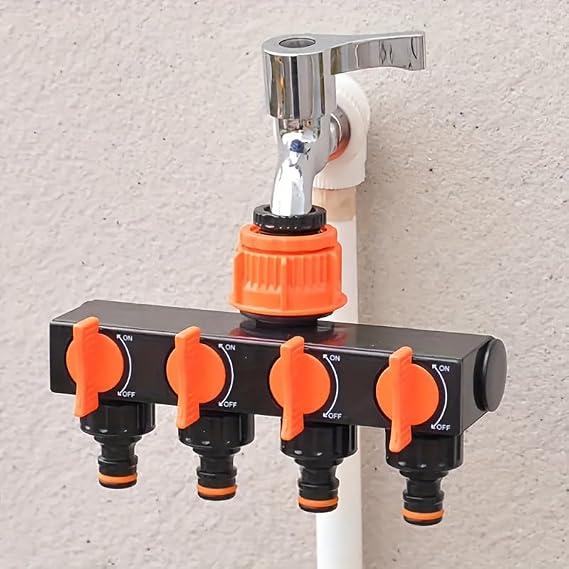 4 Way Garden Tap Splitter, Garden Hose Faucet Splitter with 1/4 in Quick Connector, Heavy Duty Water Manifold with Individual On/Off Valves, Universal Threaded Adapter for Hose Pipe