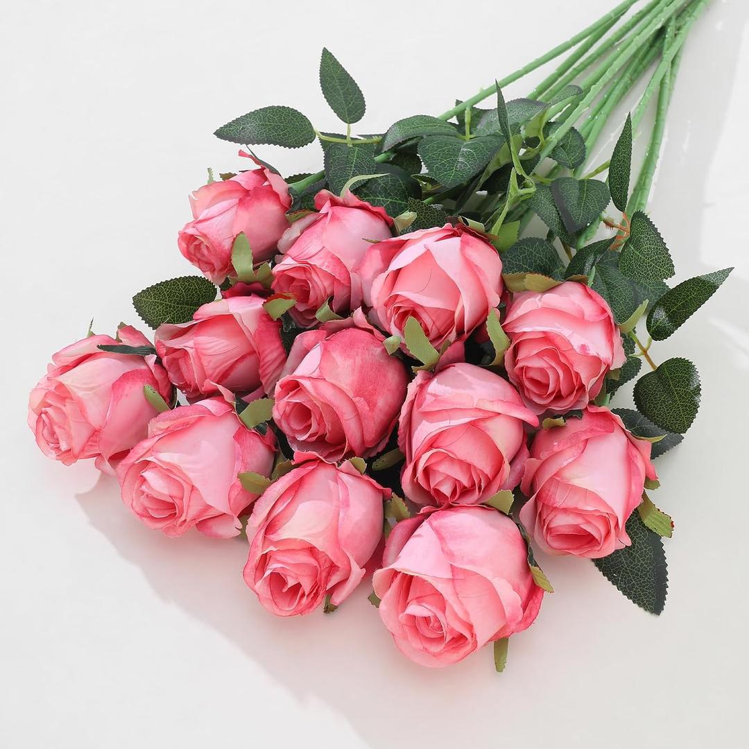12Pcs Realistic Fake Dark Pink Roses Faux Flowers with Long Stems, Artificial Silk Rose Flowers for Valentines Day Home Wedding Decor Bridal Bouquet