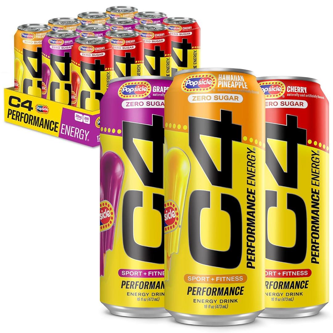 C4 Energy Drink x Popsicle Variety Pack, Carbonated Sugar Free Pre Workout Performance Drink with no Artificial Colors or Dyes, 3 Flavors - Grape, Hawaiian Pineapple, and Cherry, 16 Oz, Pack of 12 (EXP 01/01/26)