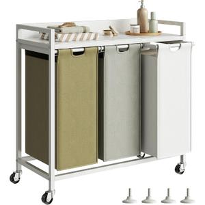 Herture Laundry Hampers with Shelf, Laundry Basket 3 Section, Laundry Sorter with Pull-Out Removable Large 3 Color Bags and Movable Wheels, Metal Frame, 3 x 15.87 Gallons (60L), White PF04XLE, 3 Bags-180 L