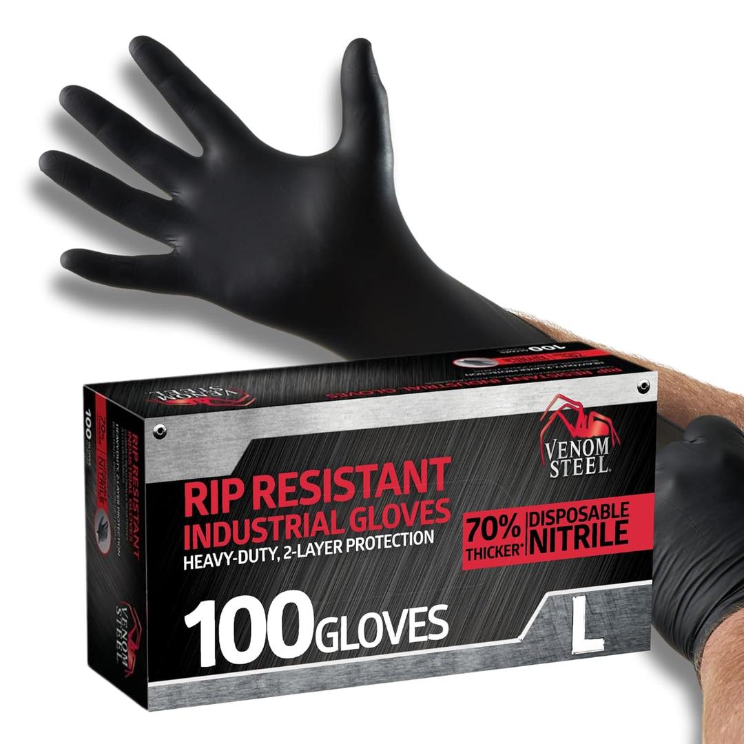 Venom Steel Industrial Nitrile Gloves, Chemical Resistant Disposable Black Gloves, Latex-Free, Powder-Free, Textured Grip, Heavy Duty Two-Layer Protection, 6 mil, Large, 100 Count