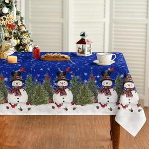 Horaldaily Christmas Tablecloth 60120 Inch Rectangular, Winter Snowman Trees Blue Washable Seasonal Table Cover for Party Picnic Dinner Decor