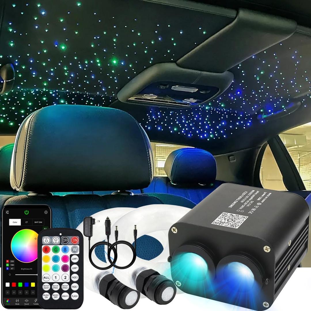 AZIMOM Dual Color 20W Twinkle 1200pcs Fiber Optic Starlight Headliner Kits 0.03in 13.1ft Fiber Strands End Glow Sound Activated Remote APP Control RGBW Light Source Home Ceiling Car Headliner Dcor