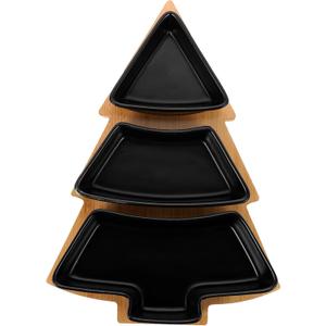 DOITOOL Christmas Tree Shaped Platter Snack Appetizer Trays Ceramic Christmas Serving Tray, 3 Compartment Food Serving Platter Wooden Base for Holiday Party Supplies (26.4X19X4.2CM, Black)
