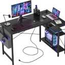 TIQLAB L Shaped Computer Desk with Power Outlets, 47 Inch Small Corner Desk with Reversible Shelves, Gaming Desk Computer Table Study Writing Table for Home Office Bedroom Small Space, Black