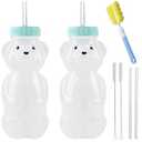 Honey Bear Straw Cups, Juice Bear Bottle Drinking Cup Long Straws with 4 Flexible Straws & Cleaning Tools, 8-Ounce Therapy Sippy Bottles for Speech and Feeding Training, Food-Grade & BPA Free 2 Pack