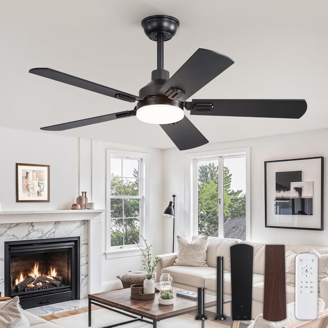 44" Ceiling Fans with Lights, Black Modern Ceiling Fan with Remote, Farmhouse Indoor Ceiling Fan with Dual Finish Blades, Quiet & Strong Motor, Bright LED Light. (44 Inch)