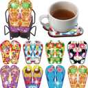 Shellwei 8 Pcs Flip Flop Diamond Art Coasters Summer Hawaii Tropical Beach Diamond Painting Coasters with Holder for Crafts Gift Beginner Adults Party