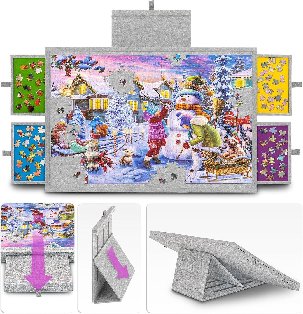 Tektalk Jigsaw Puzzle Table with Integrated Adjustable Stand/Bracket, 3-Tilting-Angle Super Lightweight Felt Puzzle Plateau Board with Cover & 4 Sorting Drawers (Light Gray, for Up to 1000 Pieces)