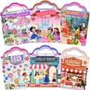 6 Set (260pcs) Puffy Sticker Books Activity for Girls, Reusable Stickers Book, Fairytale+Garden+Princess Party+Mermaid+Kids Zone+Girls' Shop, Travel Book for Kids Ages 3+