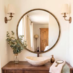 ANDY STAR 28 Inch Hand-Forged Gold Mirrors, Antique Brass Round Hammered Mirror for Bathroom Over Sink, Living Room, Entryway, Vintage, Farmhouse, Rustic, Solid Steel Frame